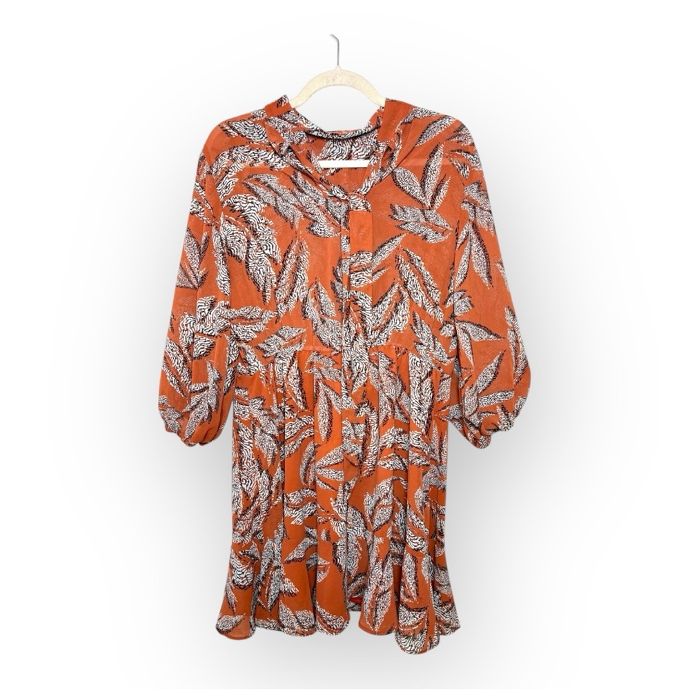 THML Brown Leaf Print Boho Tiered Balloon Sleeve Mini Dress Vacation Large